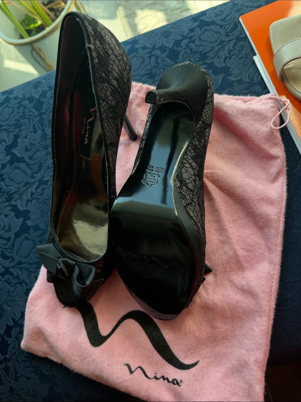 Nina Black Lace Pointed Bow Stiletto Heels